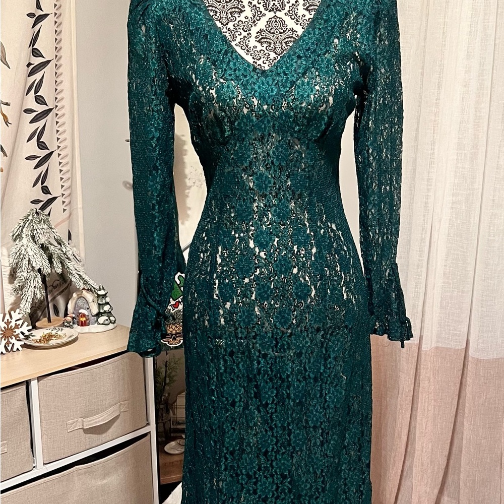 Vtg Handmade Green Lace Dress